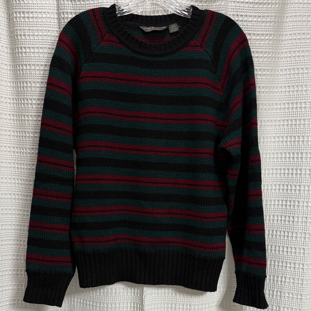 Calvin Klein VTG Womens Black/Red/Green Striped Crewneck Sweater‎ SZ L wool Xmas